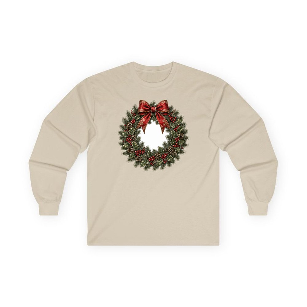 Vintage Wreath with Red Bow personalised long sleeve Christmas T-shirt in sand