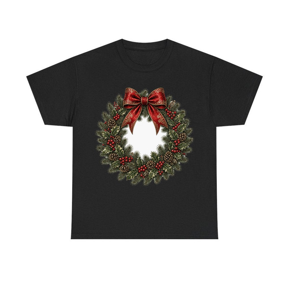 Vintage Wreath with Red Bow personalised Christmas T-shirt in black