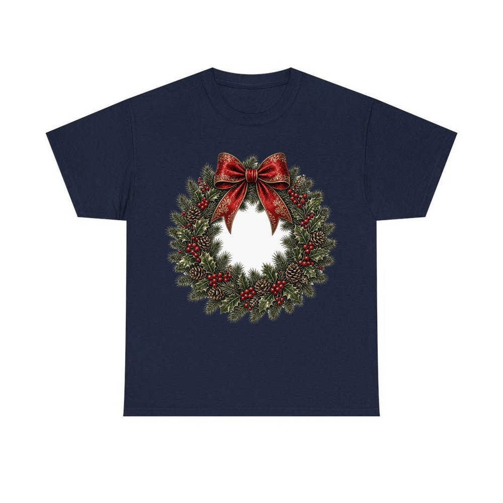 Vintage Wreath with Red Bow personalised Christmas T-shirt in navy