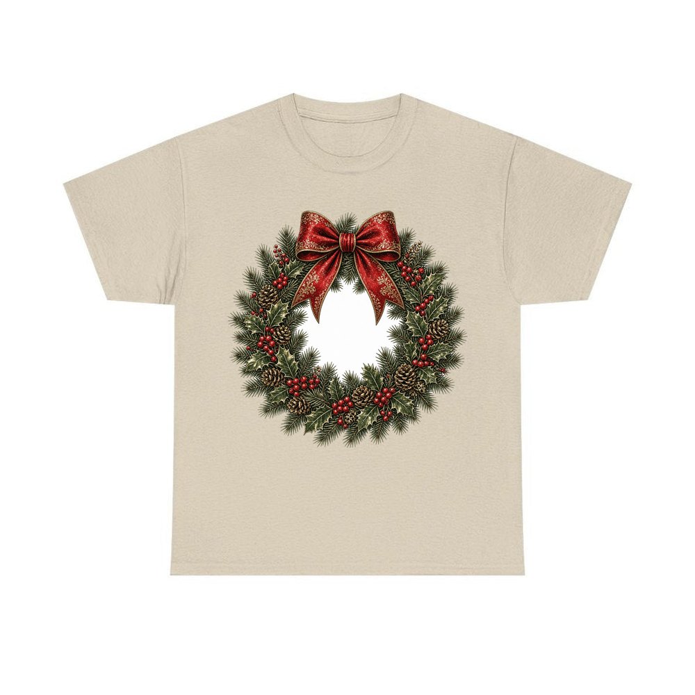 Vintage Wreath with Red Bow personalised Christmas T-shirt in sand