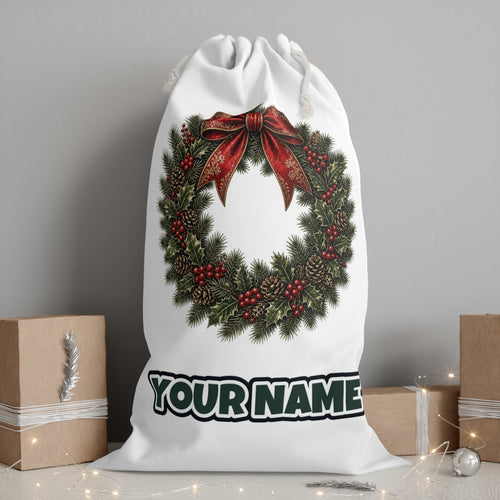 Vintage Wreath with Red Bow personalised Santa sack, white, with the name printed under the artwork