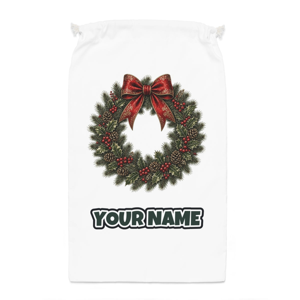 Vintage Wreath with Red Bow Santa sack laid flat, showing the full print