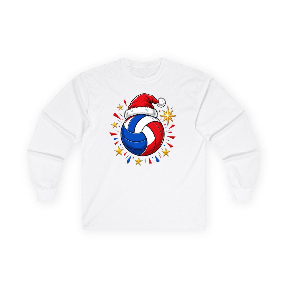 Volleyball in Santa Hat personalised long sleeve Christmas T-shirt in white