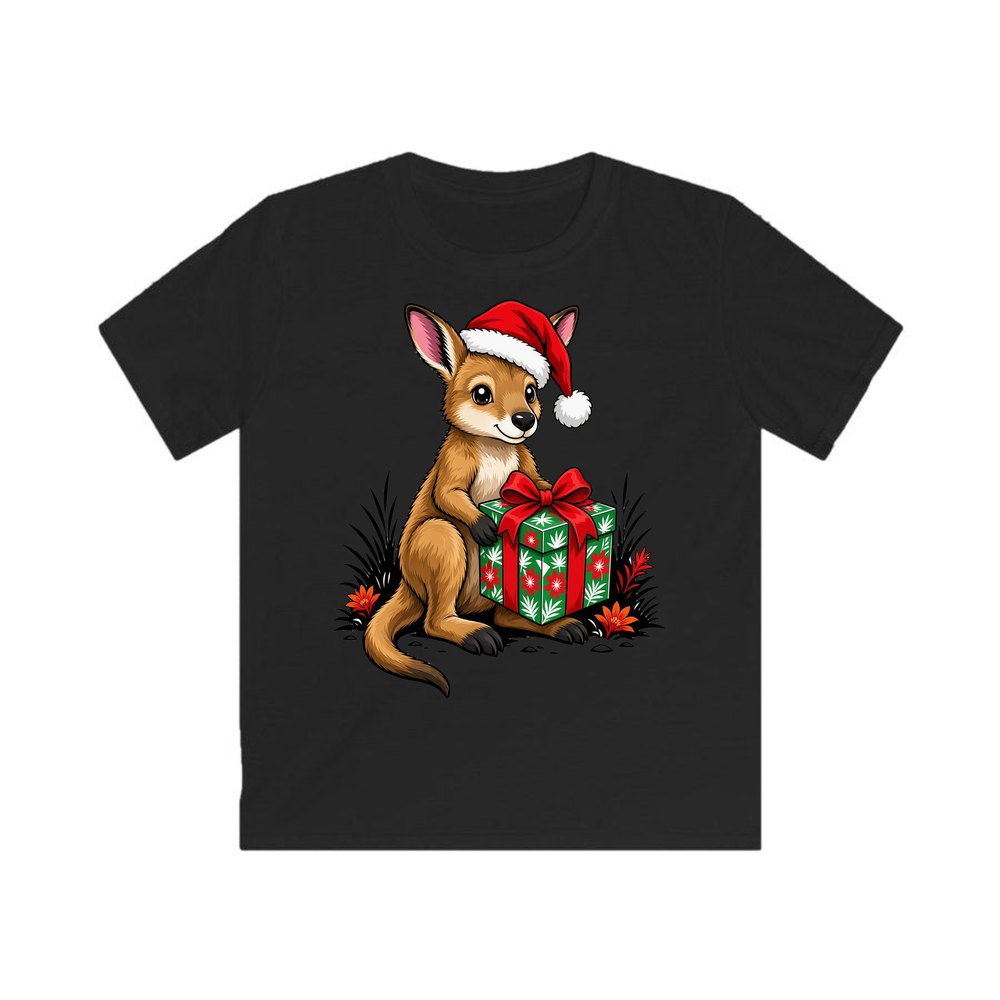 Wallaby With Christmas Gift personalised kids Christmas tee in black