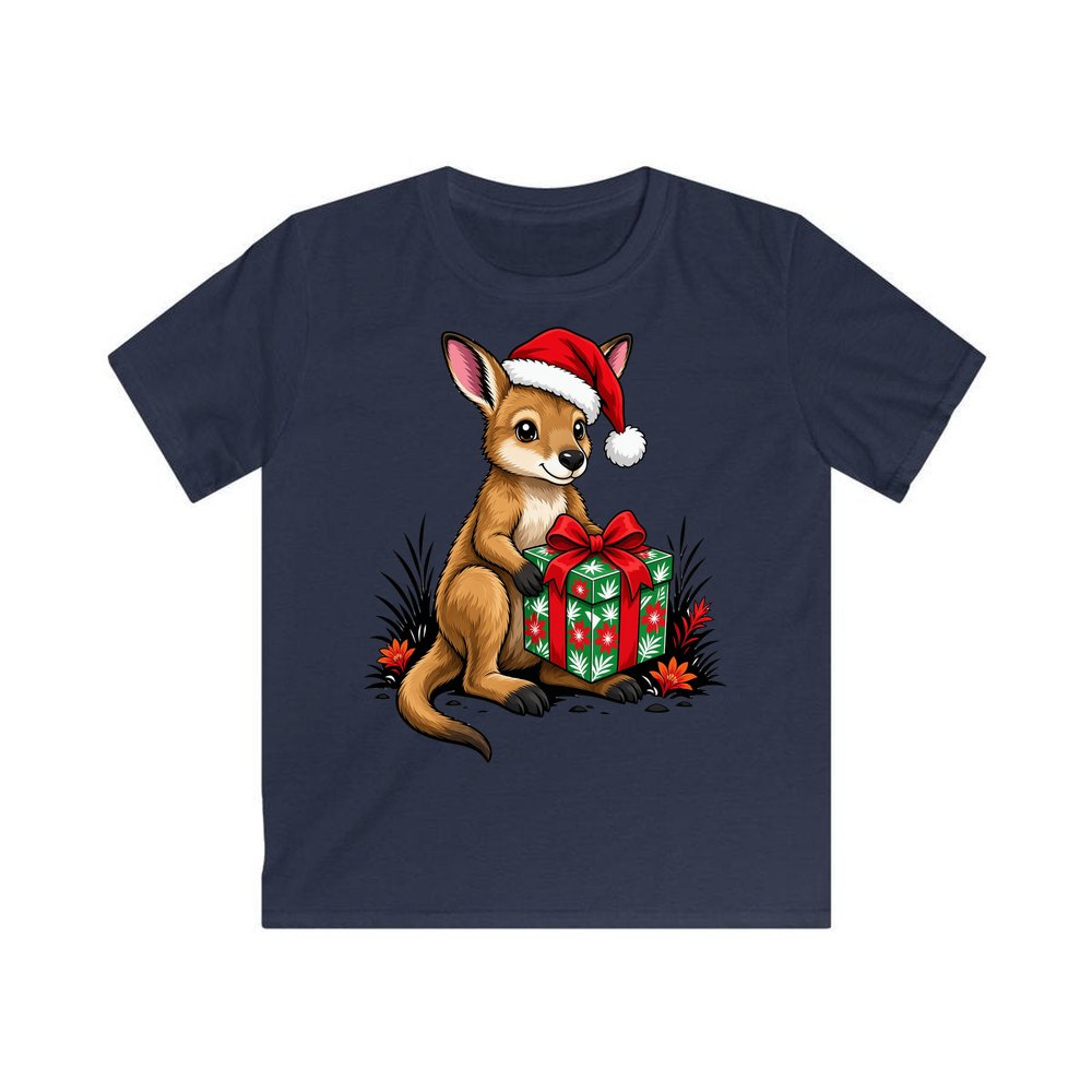 Wallaby With Christmas Gift personalised kids Christmas tee in navy