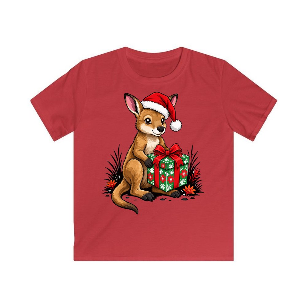 Wallaby With Christmas Gift personalised kids Christmas tee in red