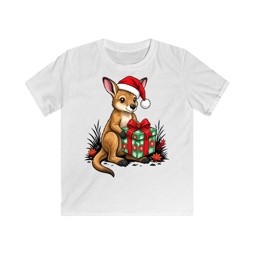 Wallaby With Christmas Gift personalised kids Christmas tee in white