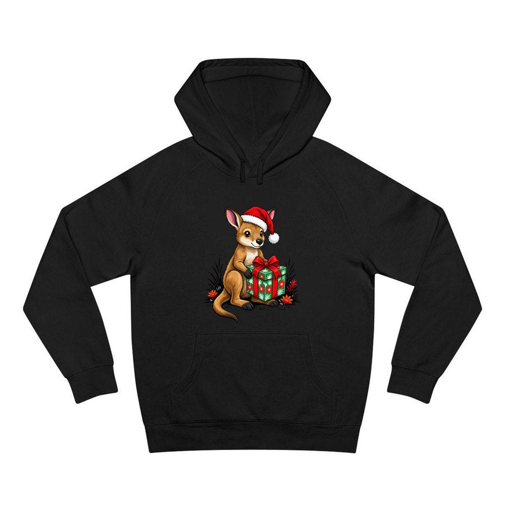 Wallaby With Christmas Gift personalised Christmas hoodie in black
