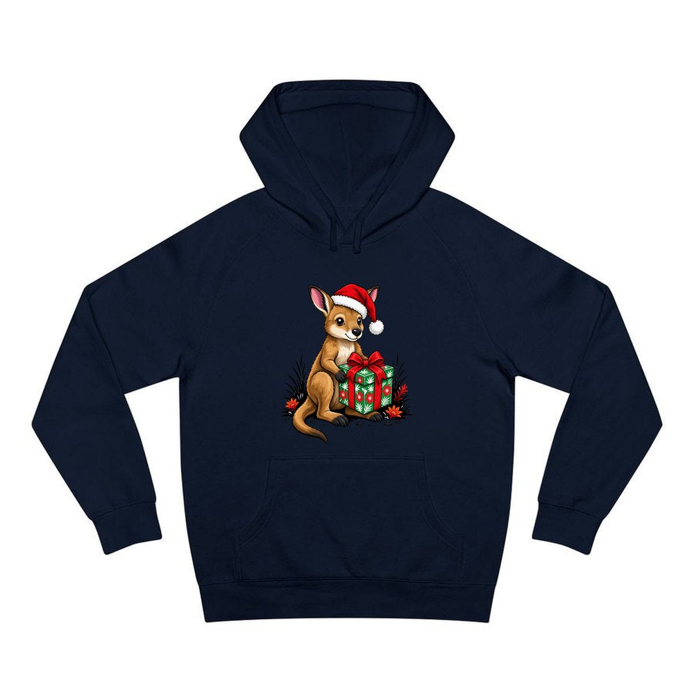 Wallaby With Christmas Gift personalised Christmas hoodie in navy