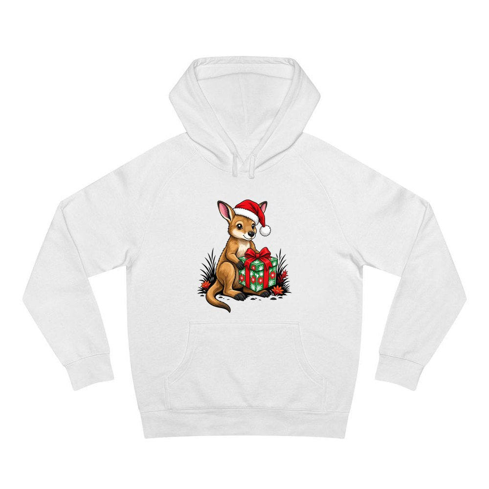 Wallaby With Christmas Gift personalised Christmas hoodie in white