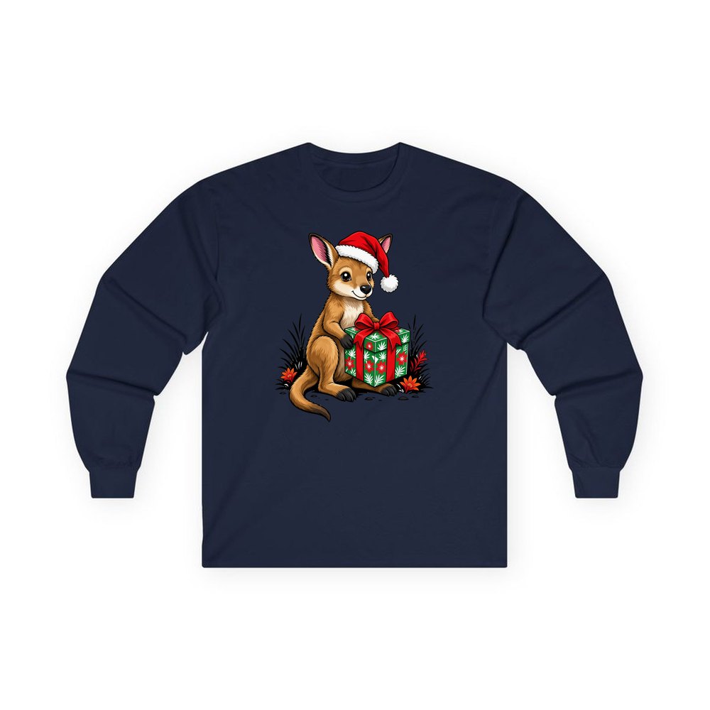 Wallaby With Christmas Gift personalised long sleeve Christmas T-shirt in navy