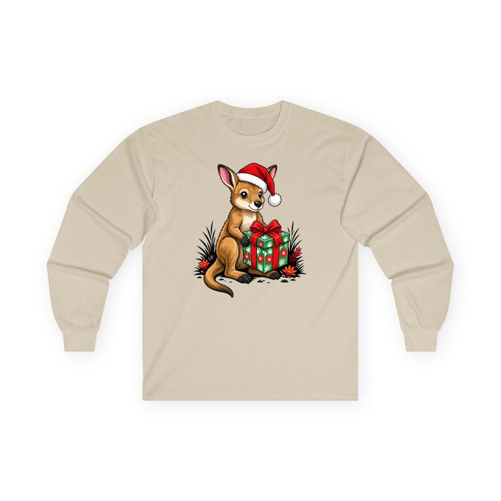 Wallaby With Christmas Gift personalised long sleeve Christmas T-shirt in sand