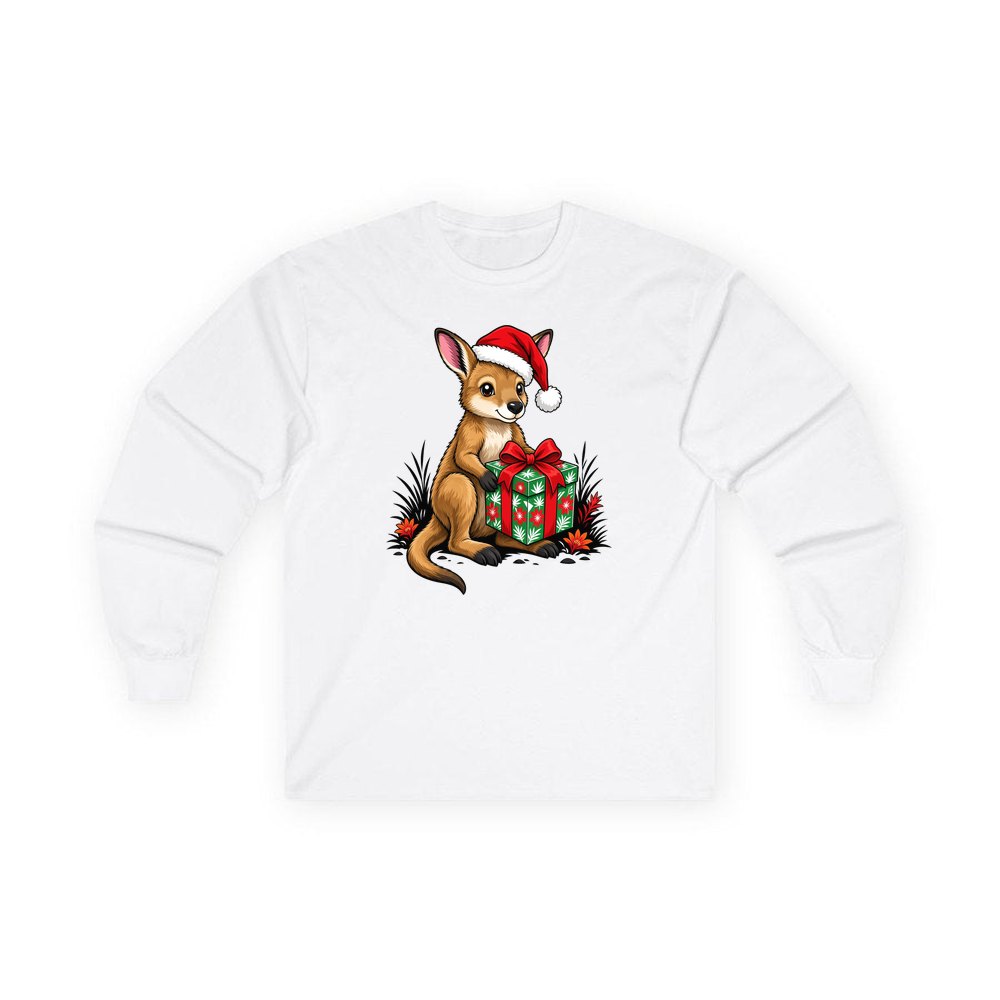 Wallaby With Christmas Gift personalised long sleeve Christmas T-shirt in white