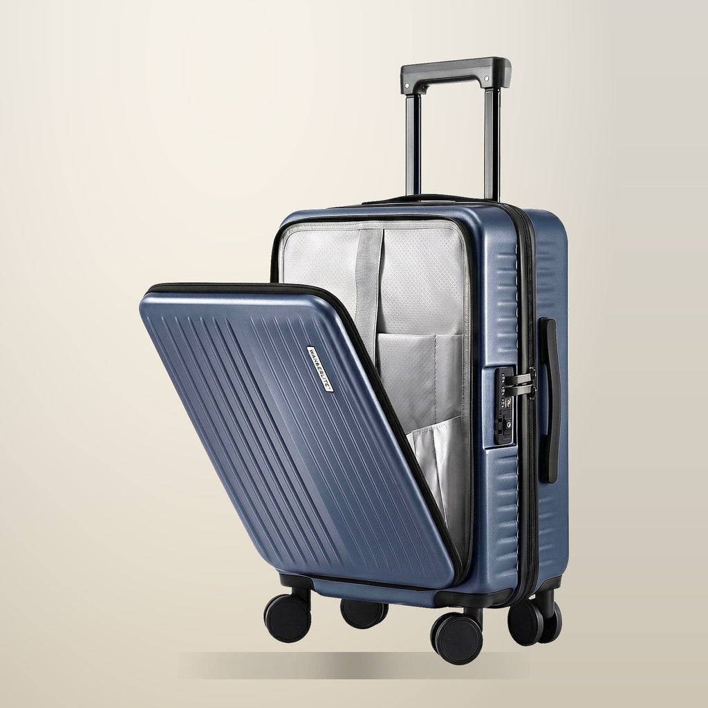 Wanderlite 20 Inch Front Pocket Carry On, Navy, Dual TSA, on a plain cream background