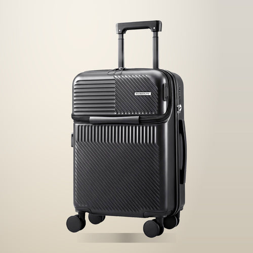 Wanderlite Carry On Suitcase with Front Pocket, 20 inch, on a plain cream background