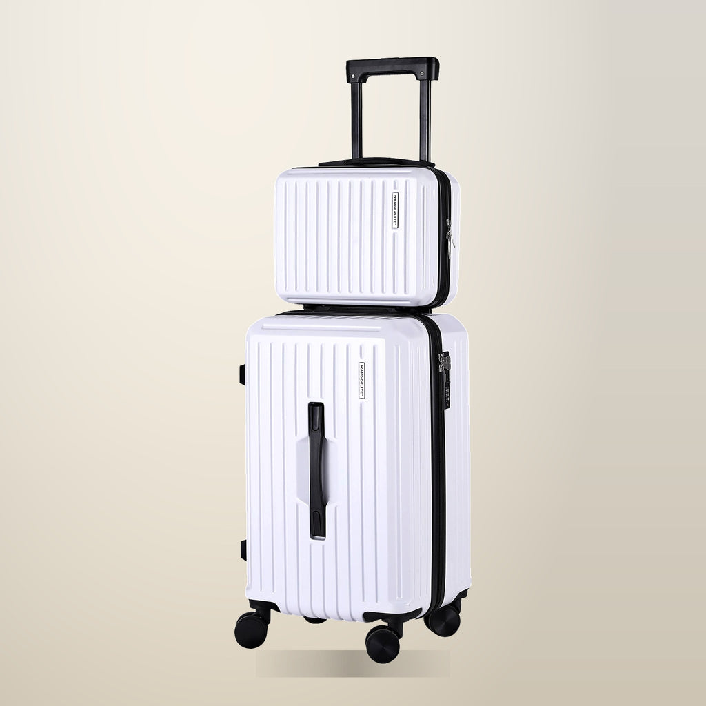 Wanderlite 12 and 20 Inch Trunk Luggage Set, White, on a plain cream background
