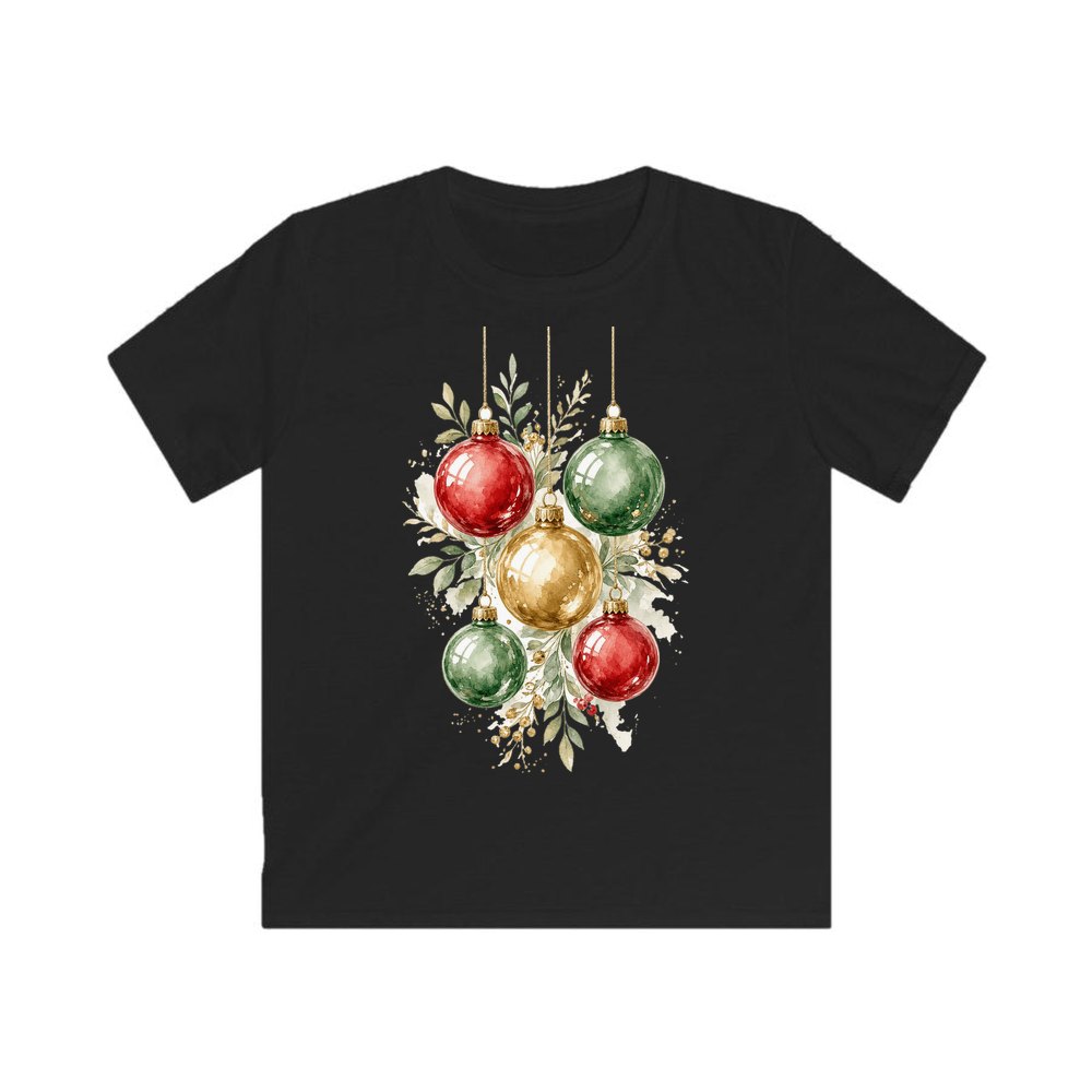 Watercolour Christmas Baubles personalised kids Christmas tee in black