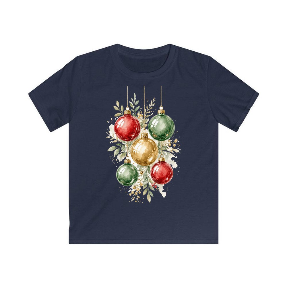 Watercolour Christmas Baubles personalised kids Christmas tee in navy
