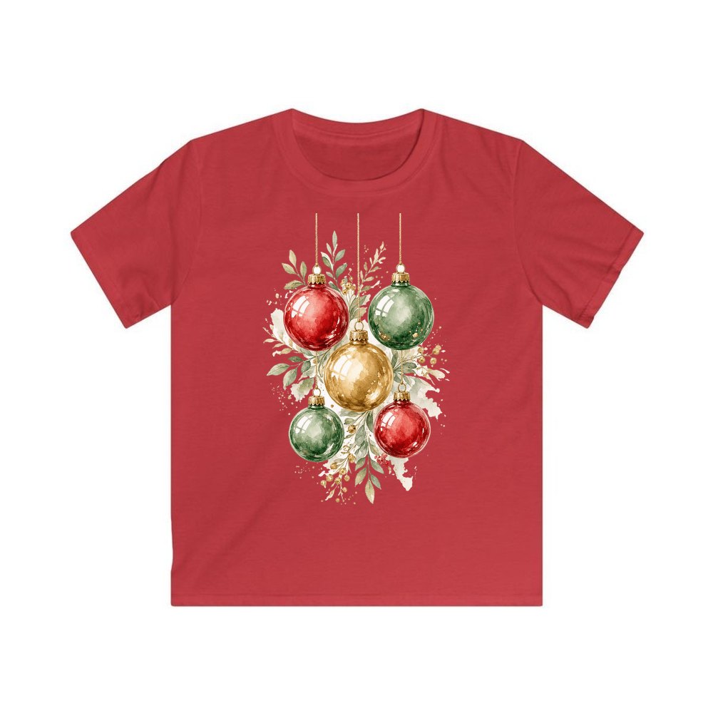 Watercolour Christmas Baubles personalised kids Christmas tee in red