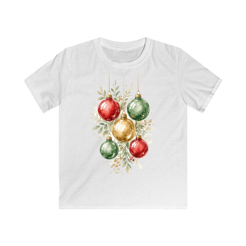 Watercolour Christmas Baubles personalised kids Christmas tee in white