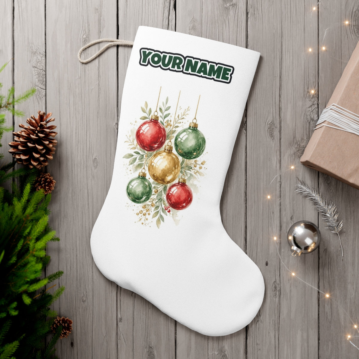 Watercolour Christmas Baubles personalised Christmas stocking, white, with the name across the top