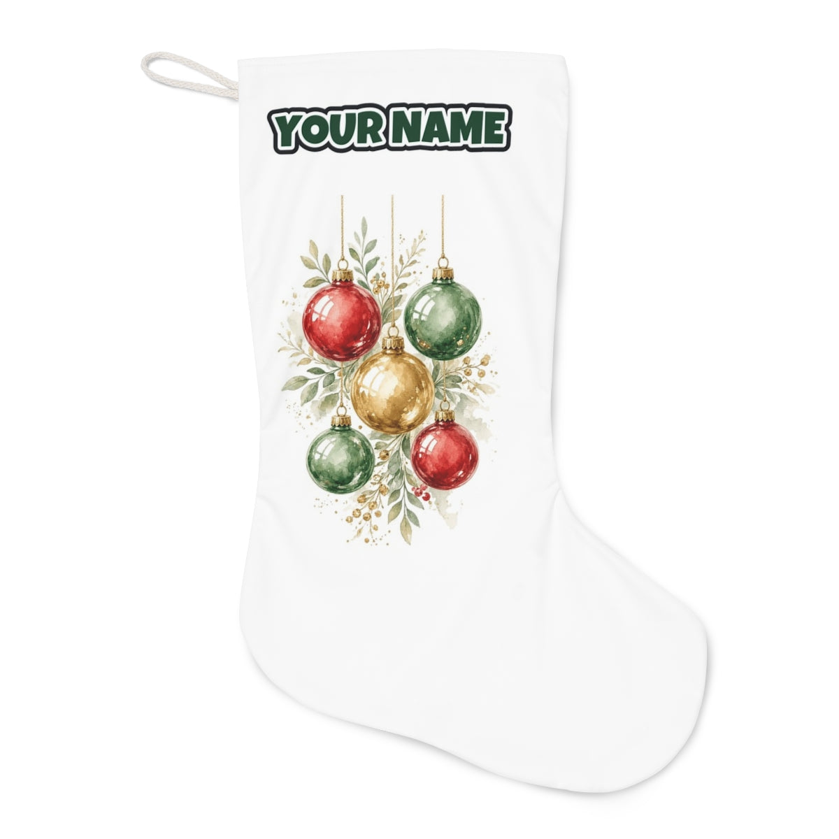 Watercolour Christmas Baubles Christmas stocking laid flat, showing the full print