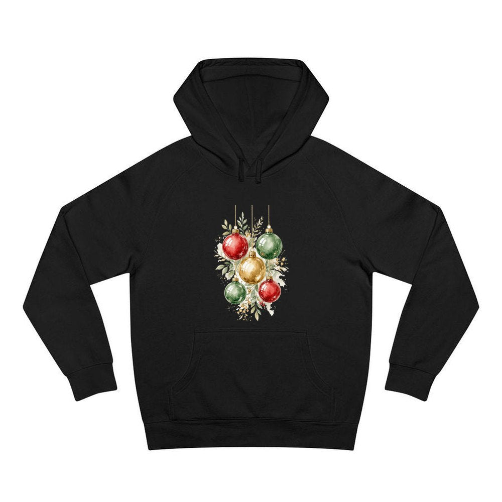 Watercolour Christmas Baubles personalised Christmas hoodie in black