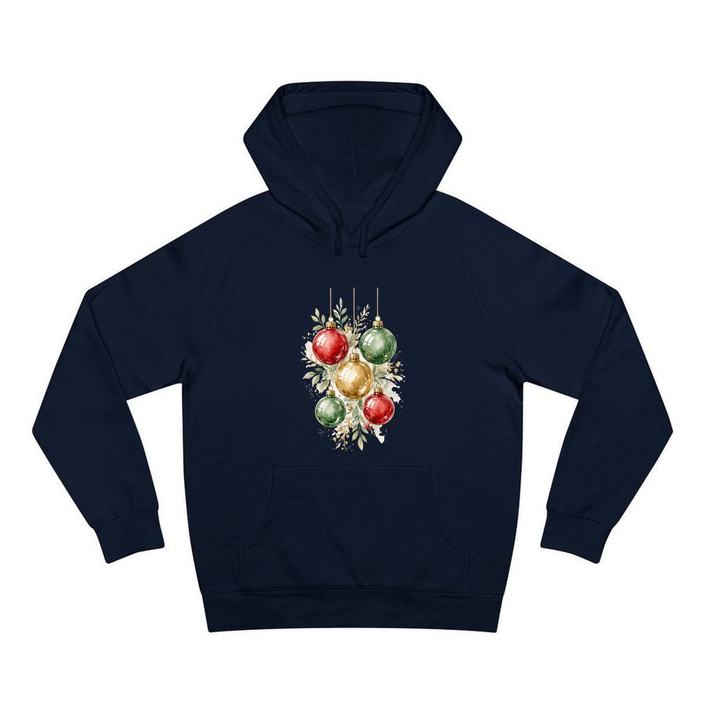 Watercolour Christmas Baubles personalised Christmas hoodie in navy