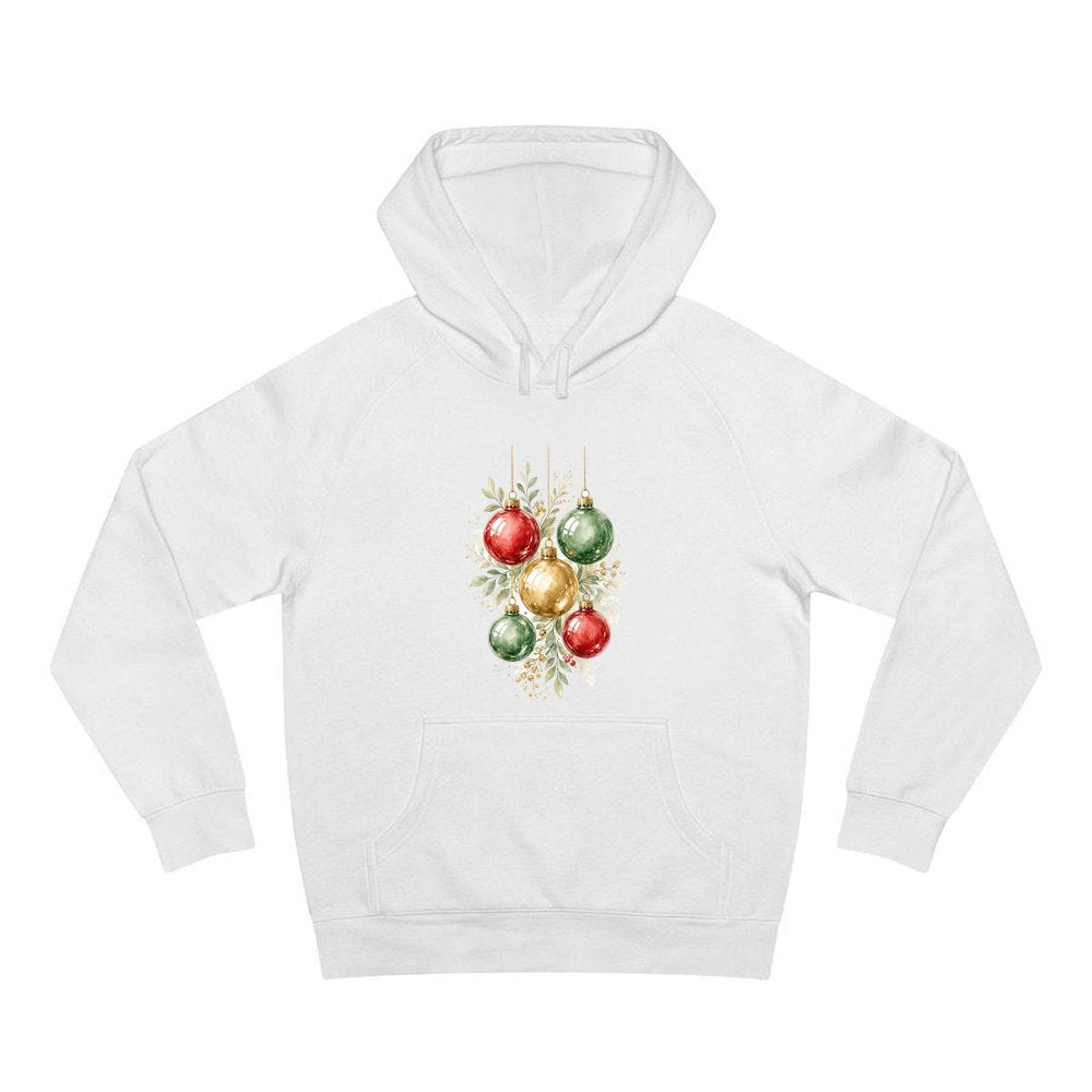 Watercolour Christmas Baubles personalised Christmas hoodie in white