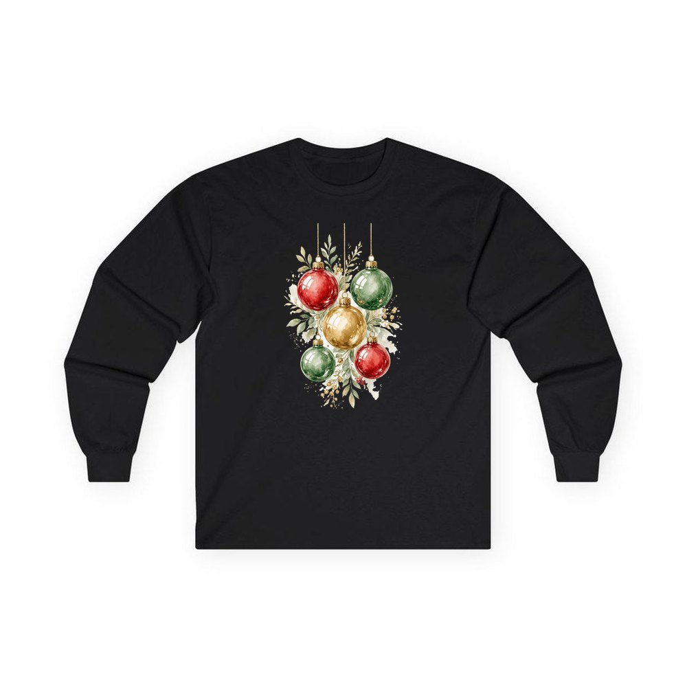 Watercolour Christmas Baubles personalised long sleeve Christmas T-shirt in black