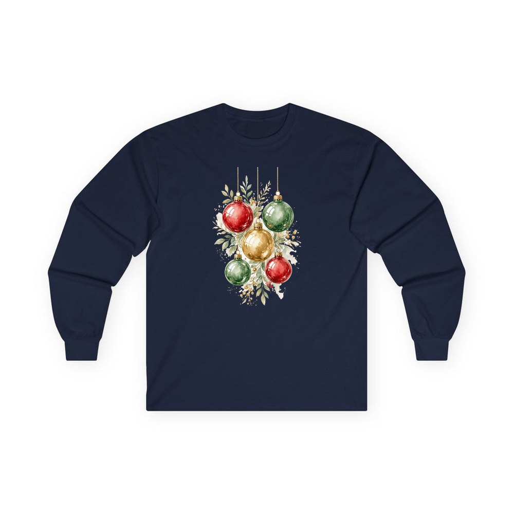 Watercolour Christmas Baubles personalised long sleeve Christmas T-shirt in navy