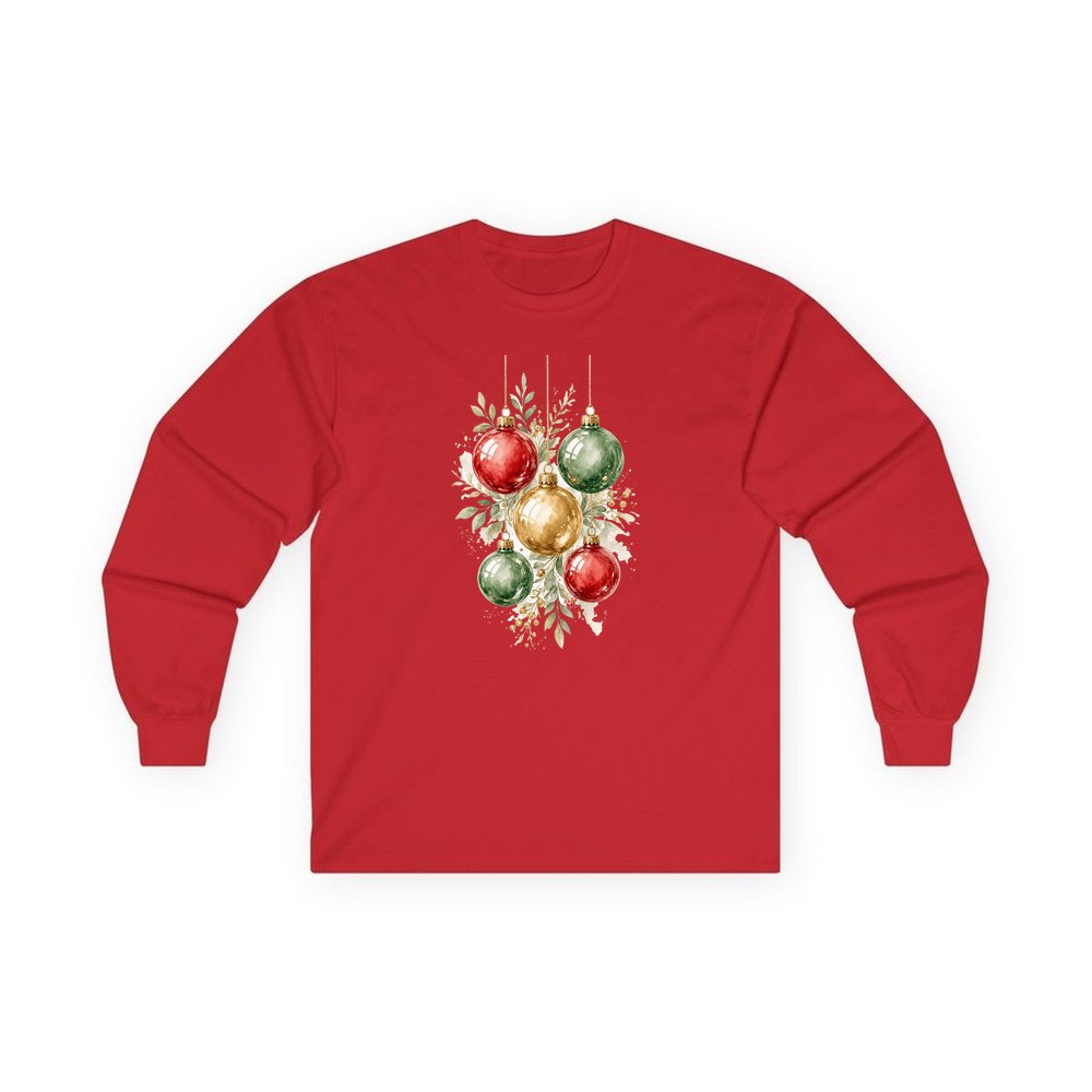 Watercolour Christmas Baubles personalised long sleeve Christmas T-shirt in red