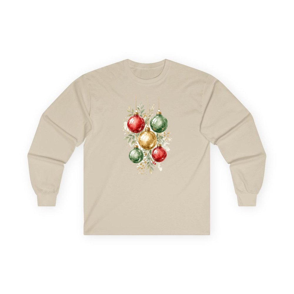 Watercolour Christmas Baubles personalised long sleeve Christmas T-shirt in sand