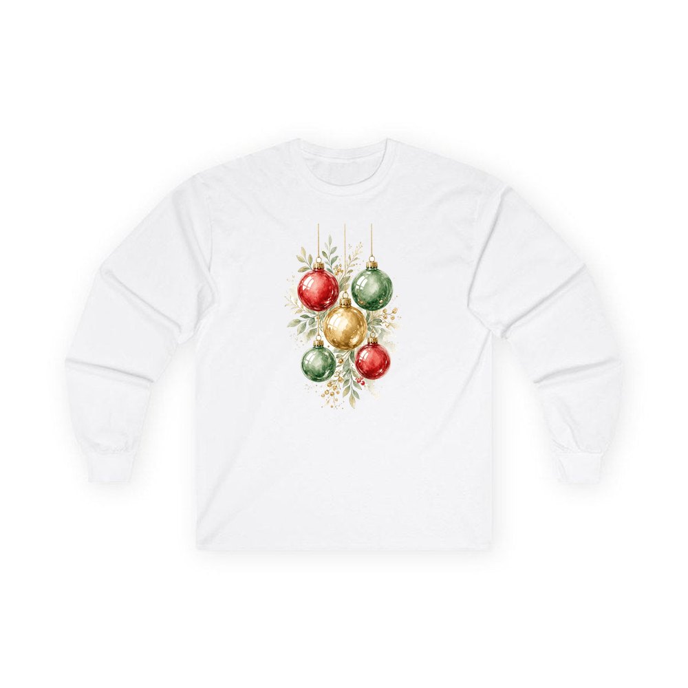 Watercolour Christmas Baubles personalised long sleeve Christmas T-shirt in white