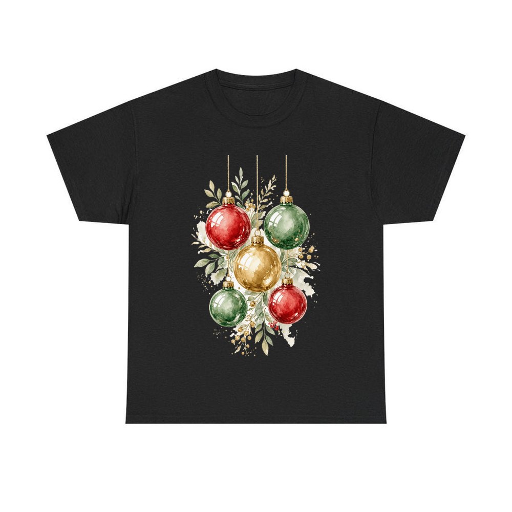 Watercolour Christmas Baubles personalised Christmas T-shirt in black