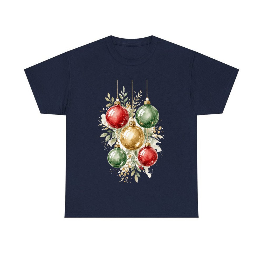 Watercolour Christmas Baubles personalised Christmas T-shirt in navy