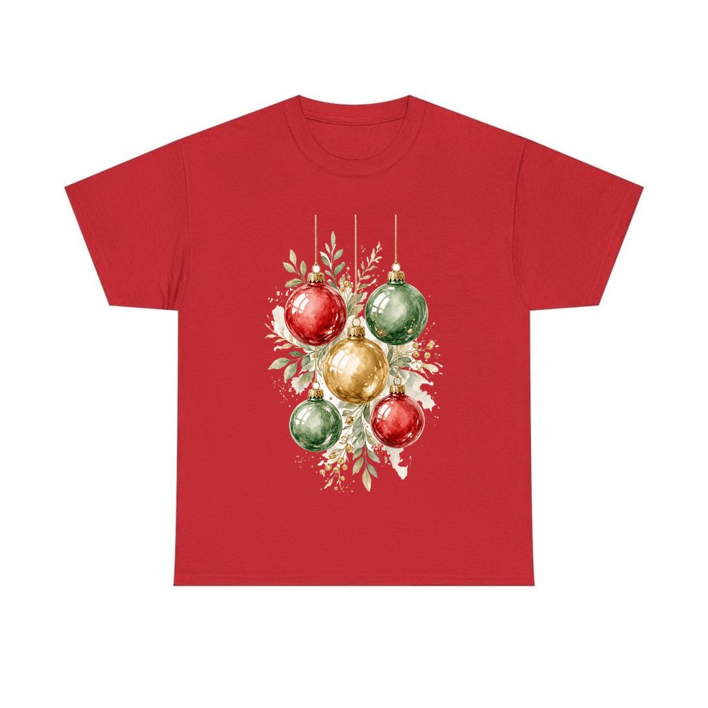 Watercolour Christmas Baubles personalised Christmas T-shirt in red