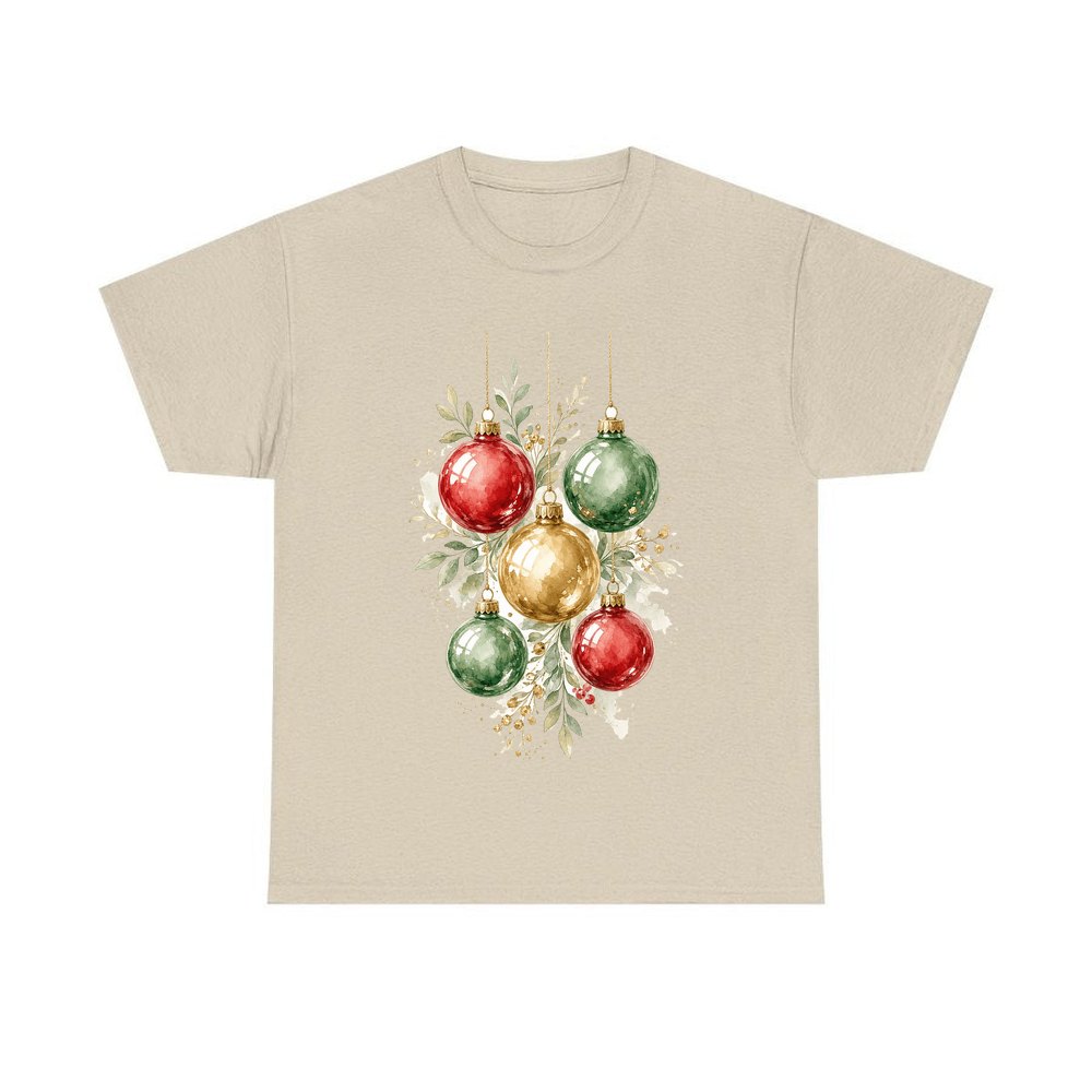 Watercolour Christmas Baubles personalised Christmas T-shirt in sand