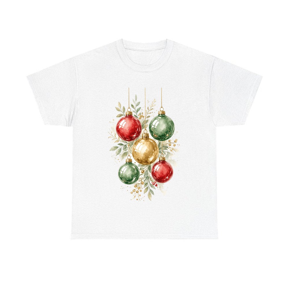 Watercolour Christmas Baubles personalised Christmas T-shirt in white