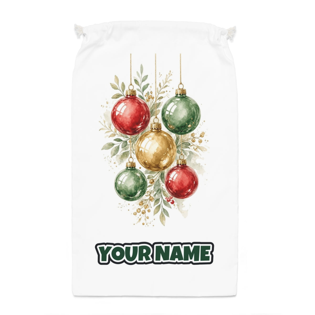Watercolour Christmas Baubles Santa sack laid flat, showing the full print