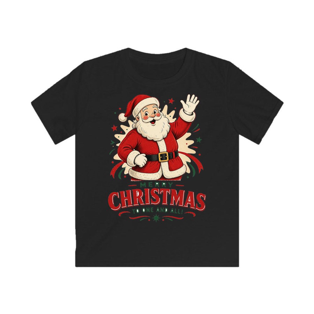 Waving Santa Merry Christmas personalised kids Christmas tee in black