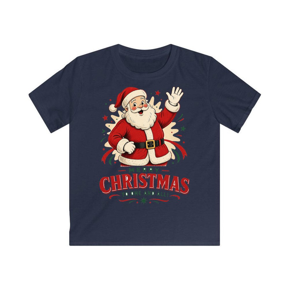 Waving Santa Merry Christmas personalised kids Christmas tee in navy