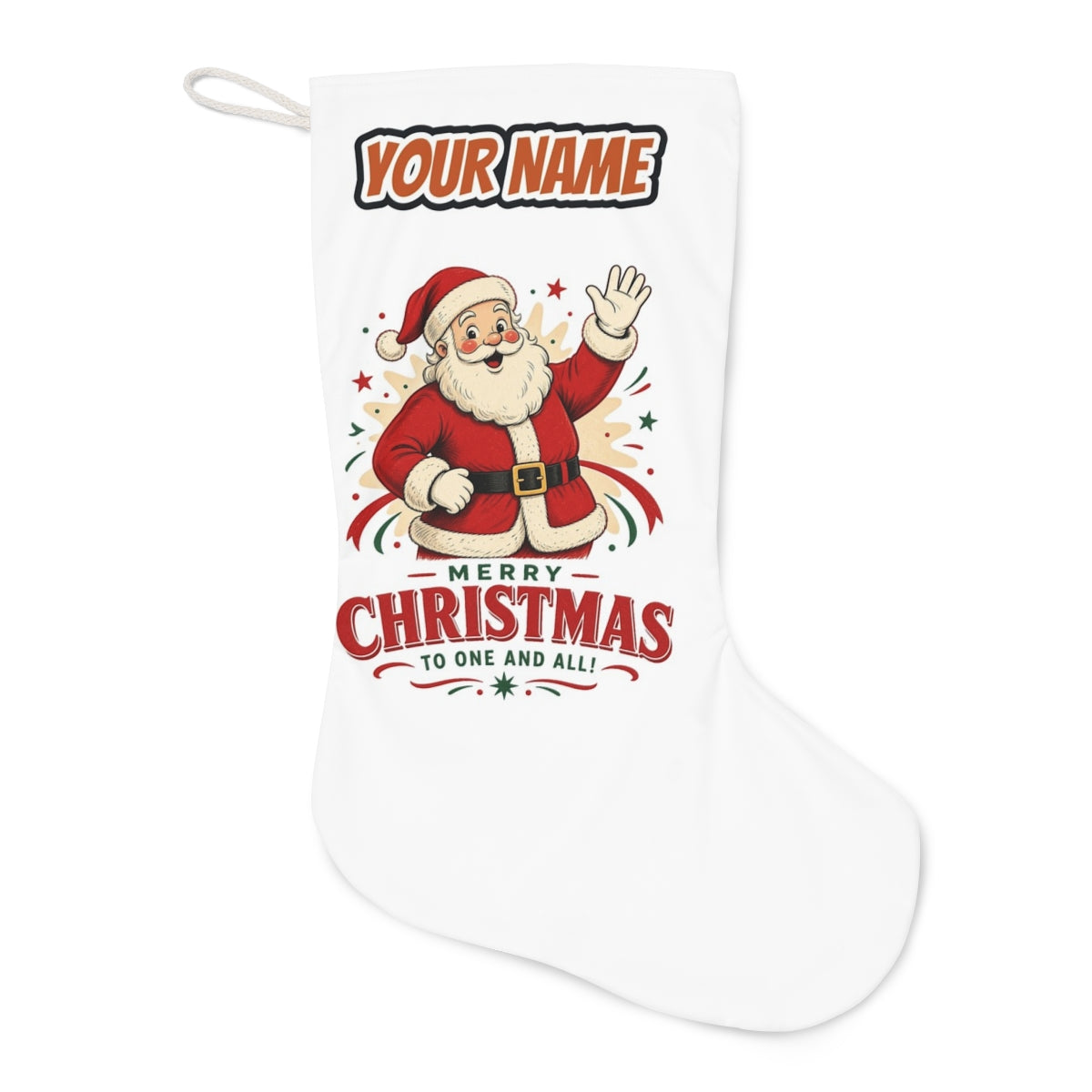 Waving Santa Merry Christmas Christmas stocking laid flat, showing the full print