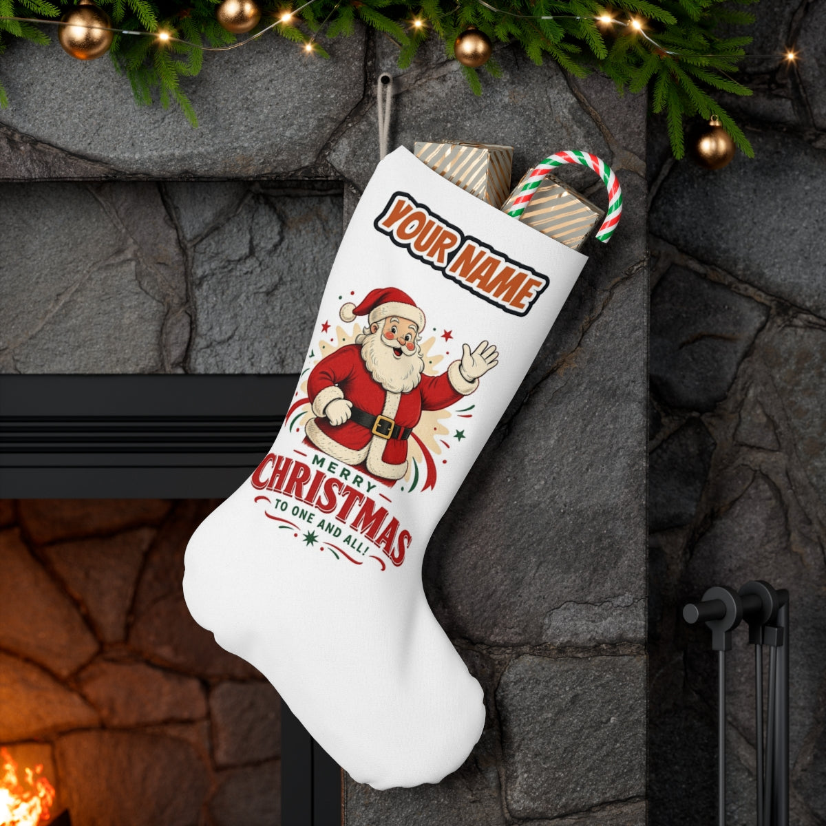 Waving Santa Merry Christmas personalised Christmas stocking hanging on a mantel