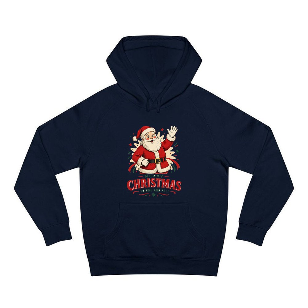Waving Santa Merry Christmas personalised Christmas hoodie in navy