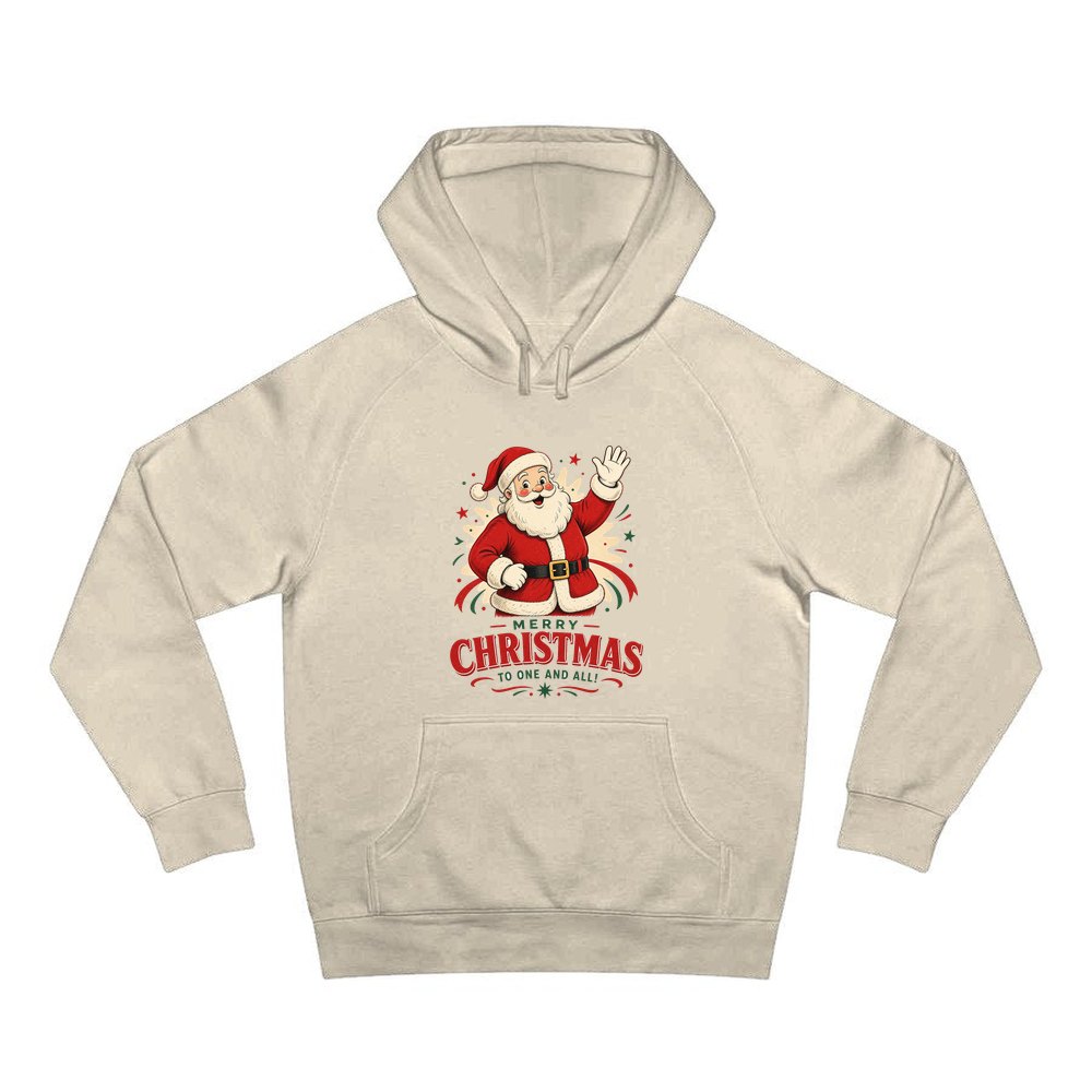 Waving Santa Merry Christmas personalised Christmas hoodie in sand