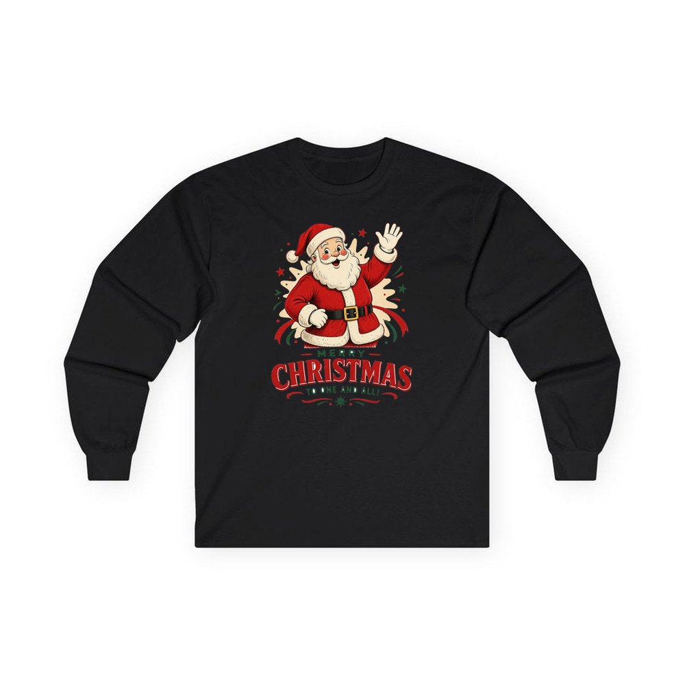 Waving Santa Merry Christmas personalised long sleeve Christmas T-shirt in black