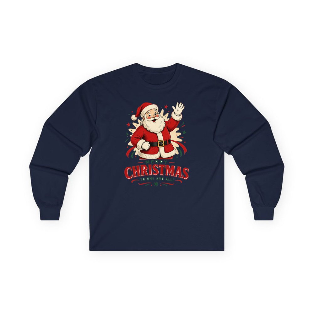 Waving Santa Merry Christmas personalised long sleeve Christmas T-shirt in navy
