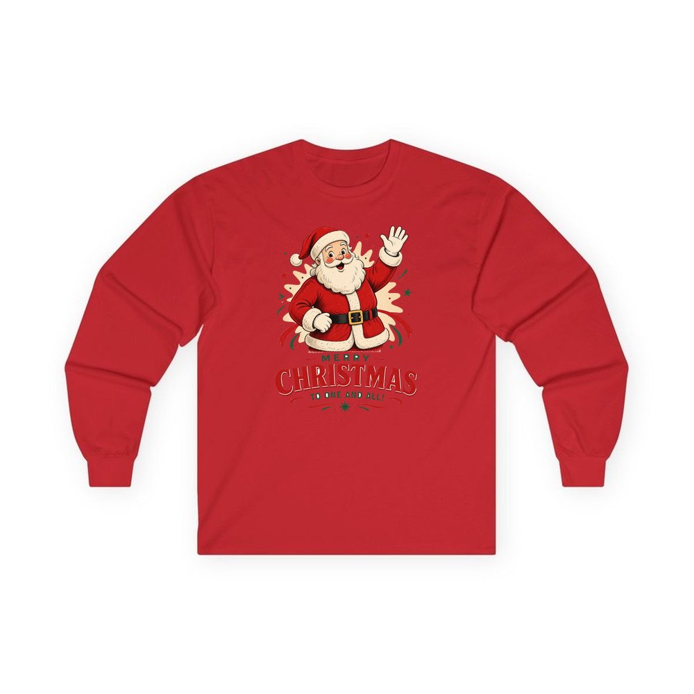 Waving Santa Merry Christmas personalised long sleeve Christmas T-shirt in red
