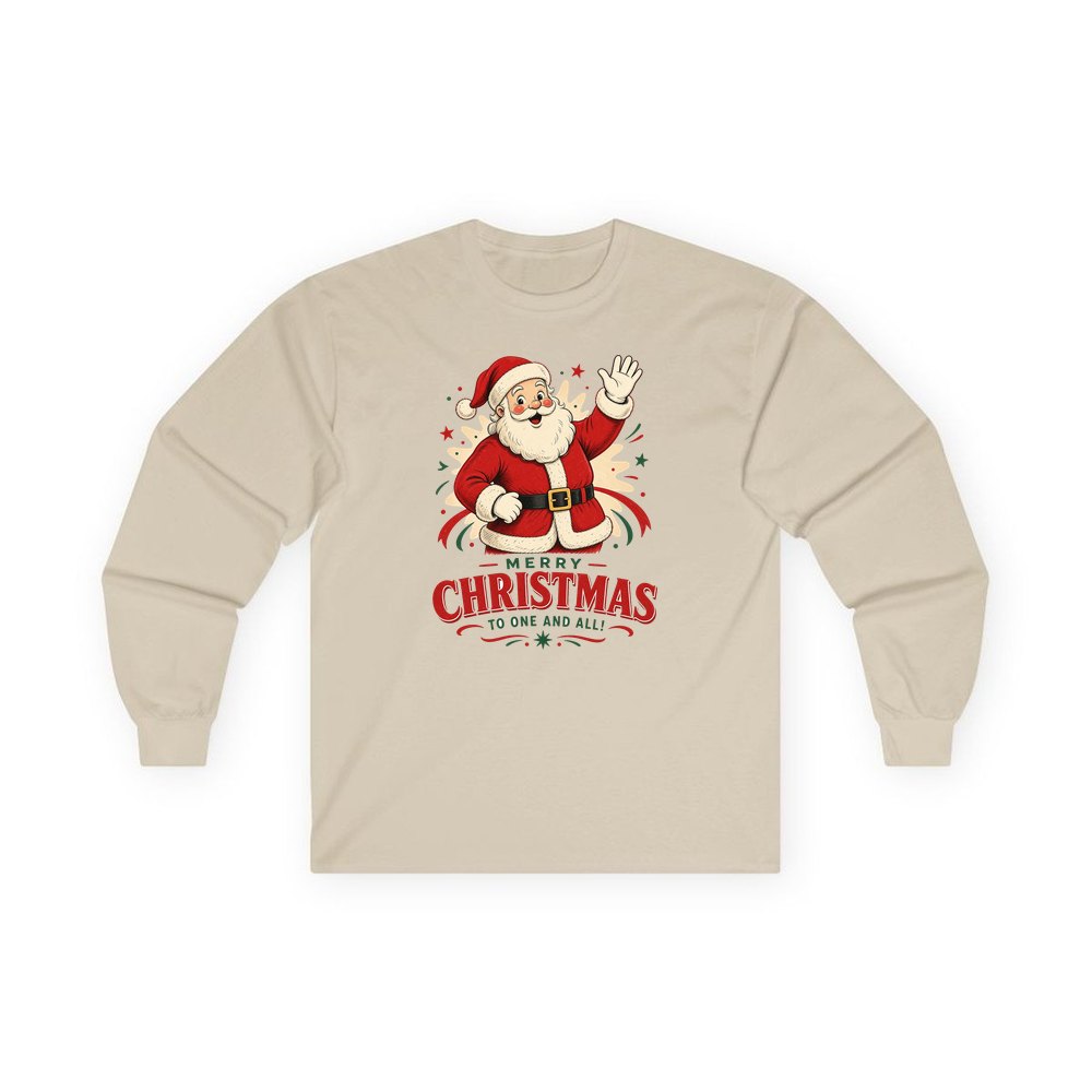 Waving Santa Merry Christmas personalised long sleeve Christmas T-shirt in sand